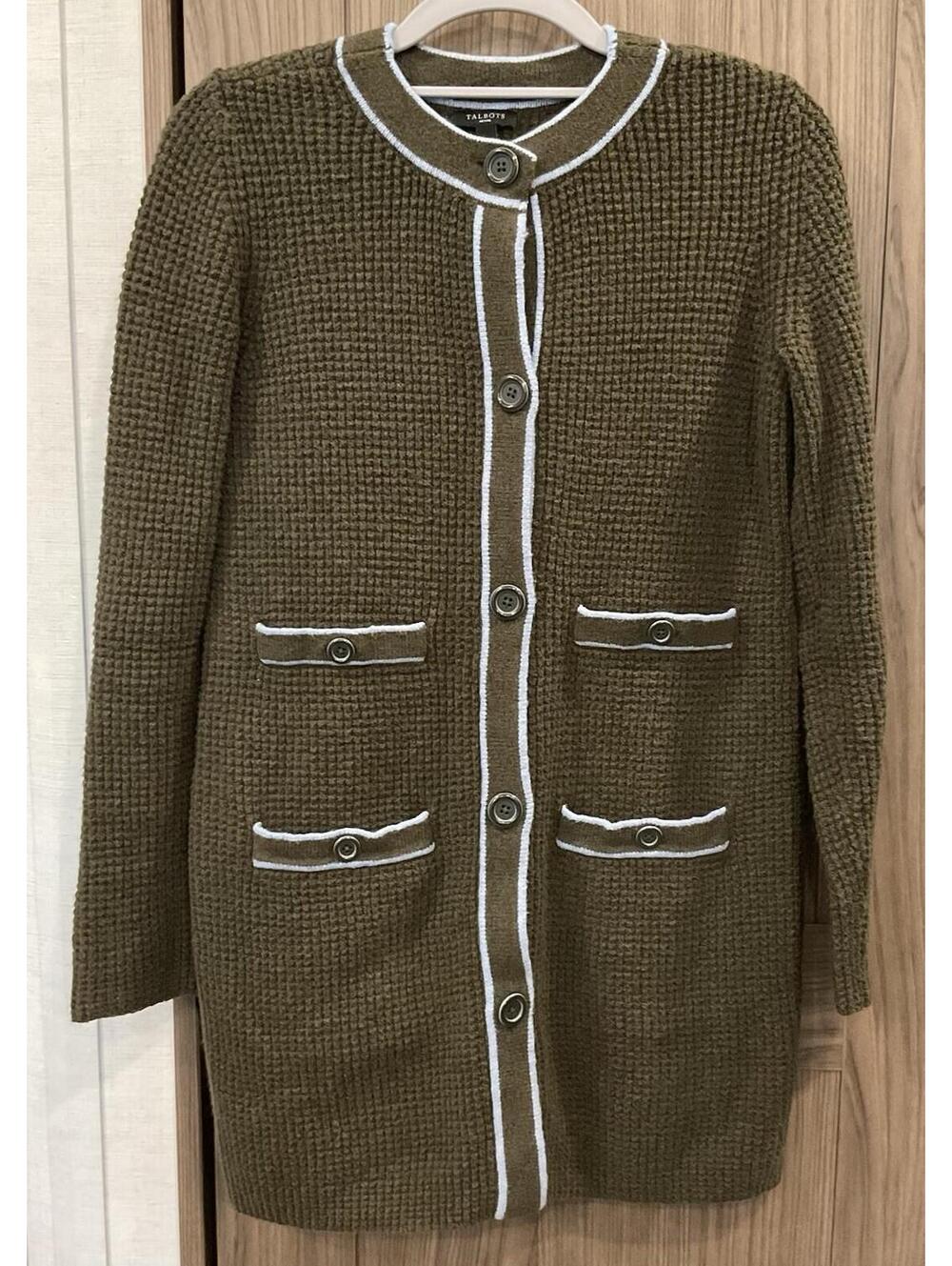 Talbots Womens Green Sweater W/ Blue Trim Button Up Cardigan Size S/P